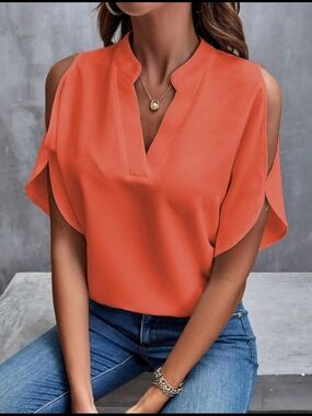 New Women's Cold-Shoulder V-Neck Top - Coral Orange